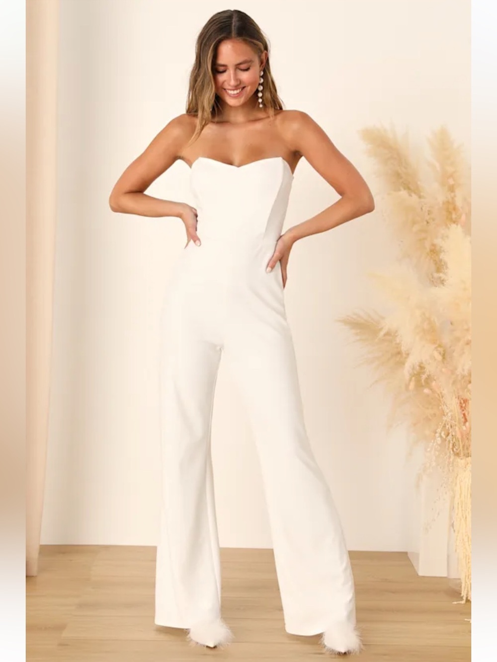 NWT Lulus Fashionista Nights Ivory Strapless Bustier Wide-Leg Jumpsuit FLAWED